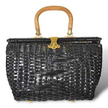 Mid Century Black Rattan Handbag Handmade in Briti