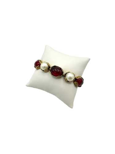 Gold Victorian Revival Red Cabochon & Pearl Bracel