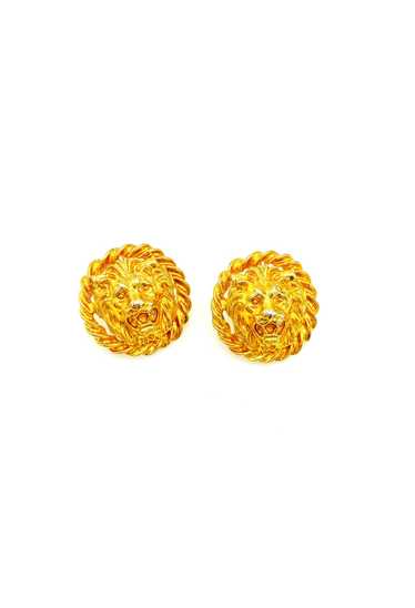 Large Round Gold Lion Medallion Pierced Earrings