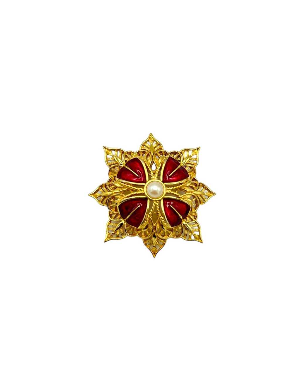 Monet Gold Layered Red Enamel & Pearl Flower Vint… - image 1