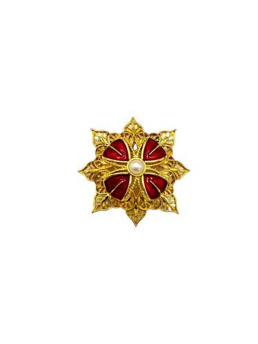 Monet Gold Layered Red Enamel & Pearl Flower Vint… - image 1