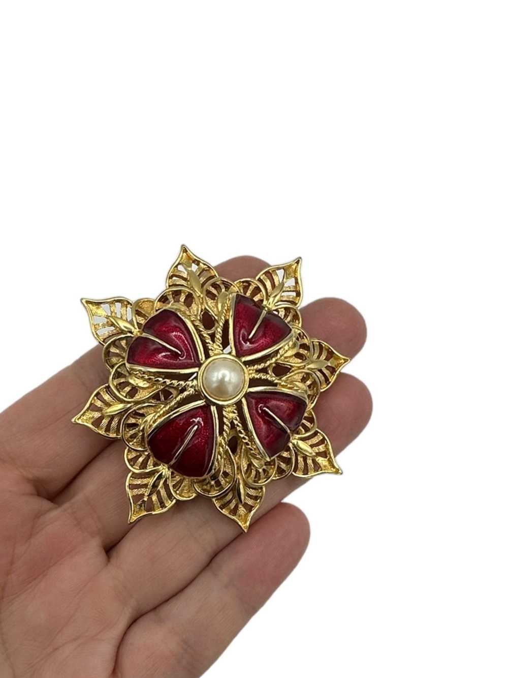 Monet Gold Layered Red Enamel & Pearl Flower Vint… - image 2