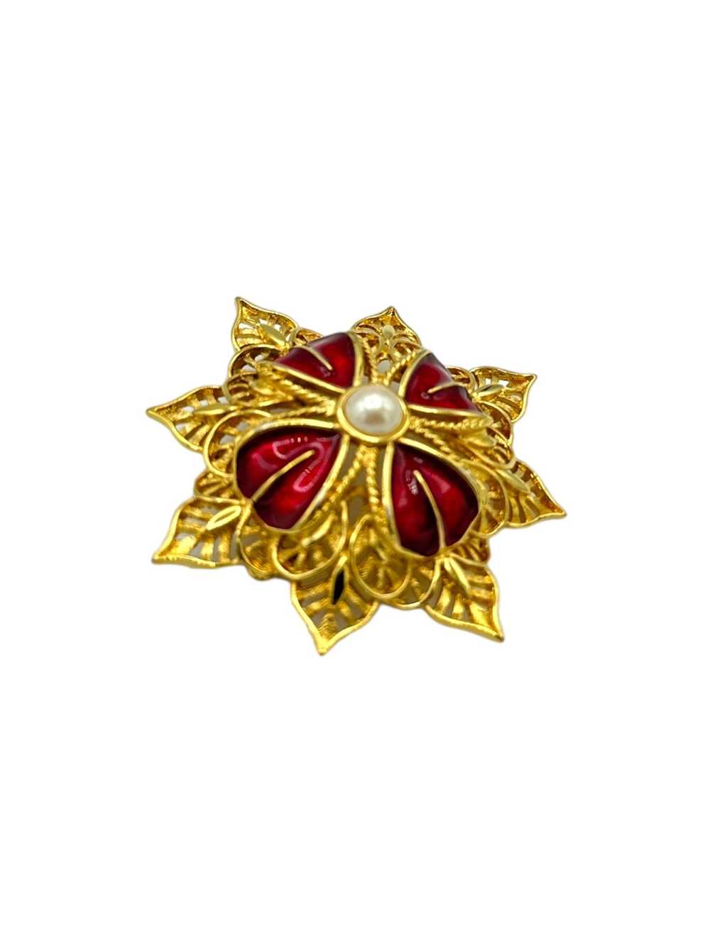 Monet Gold Layered Red Enamel & Pearl Flower Vint… - image 3