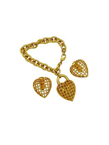 Gold Caged Pearl Heart Charm Bracelet & Clip-On Ea