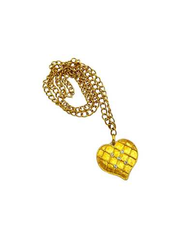 Gold Quilted Textured Rhinestone Heart Pendant