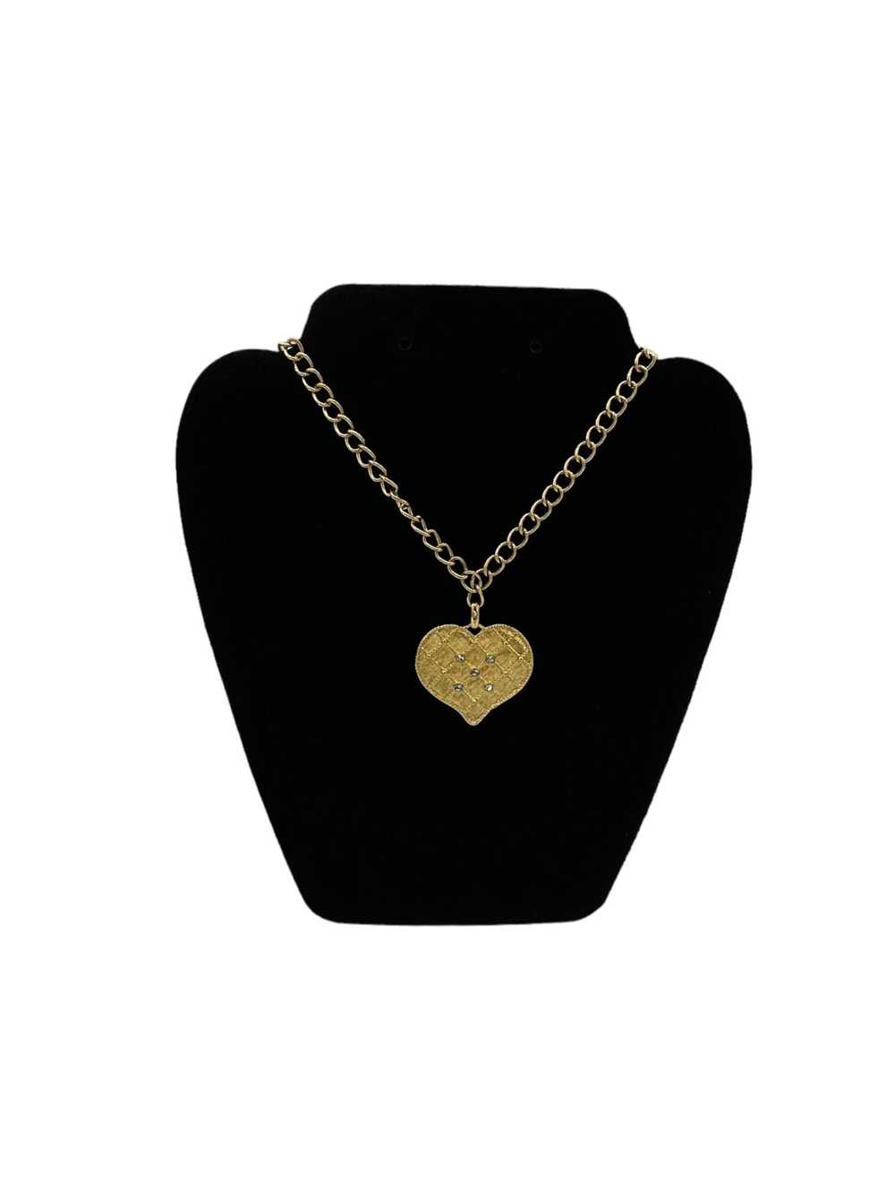 Gold Quilted Textured Rhinestone Heart Pendant - image 2