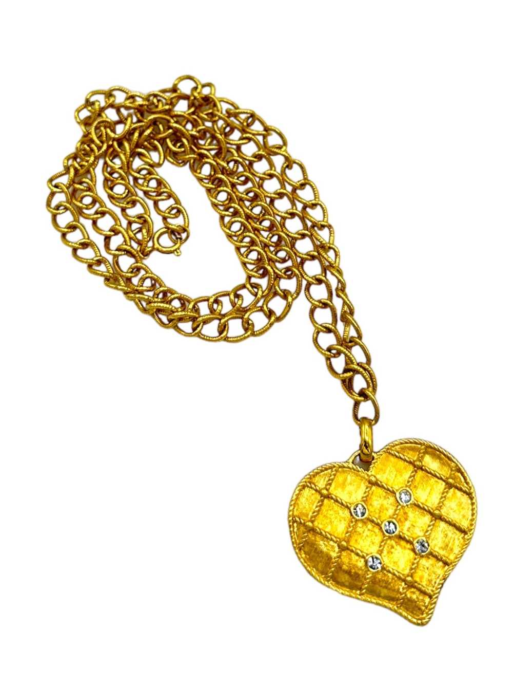 Gold Quilted Textured Rhinestone Heart Pendant - image 4