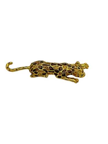 Gold Big Cat Brown Enamel Vintage Brooch Pin