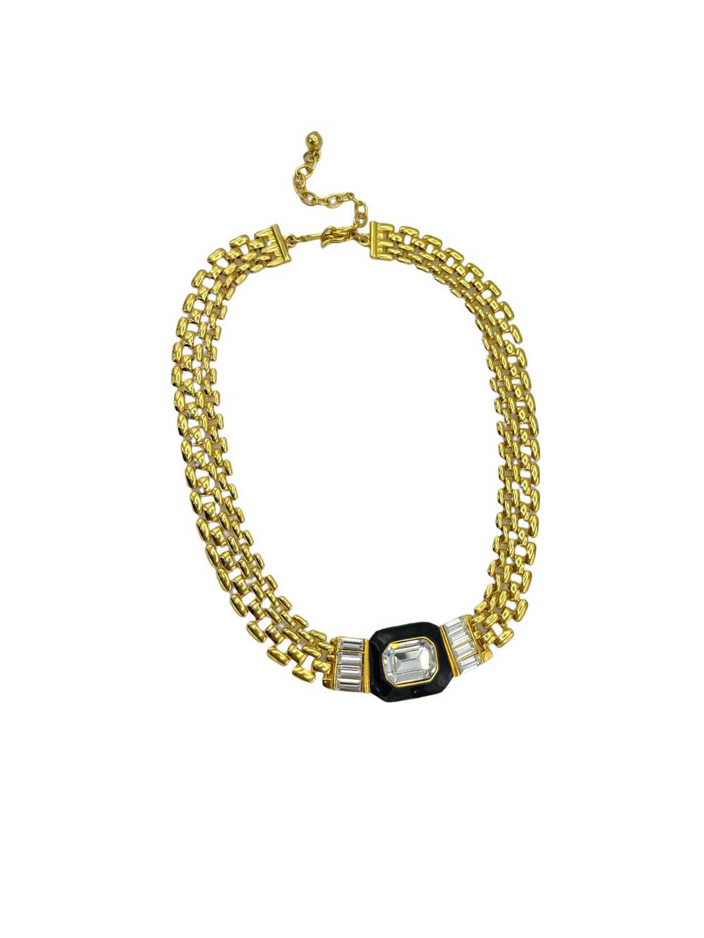 Trifari Gold Link Necklace with Large Black Ename… - image 1