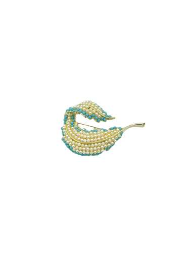 BSK Turquoise Blue & Pearl Vintage Feather Brooch