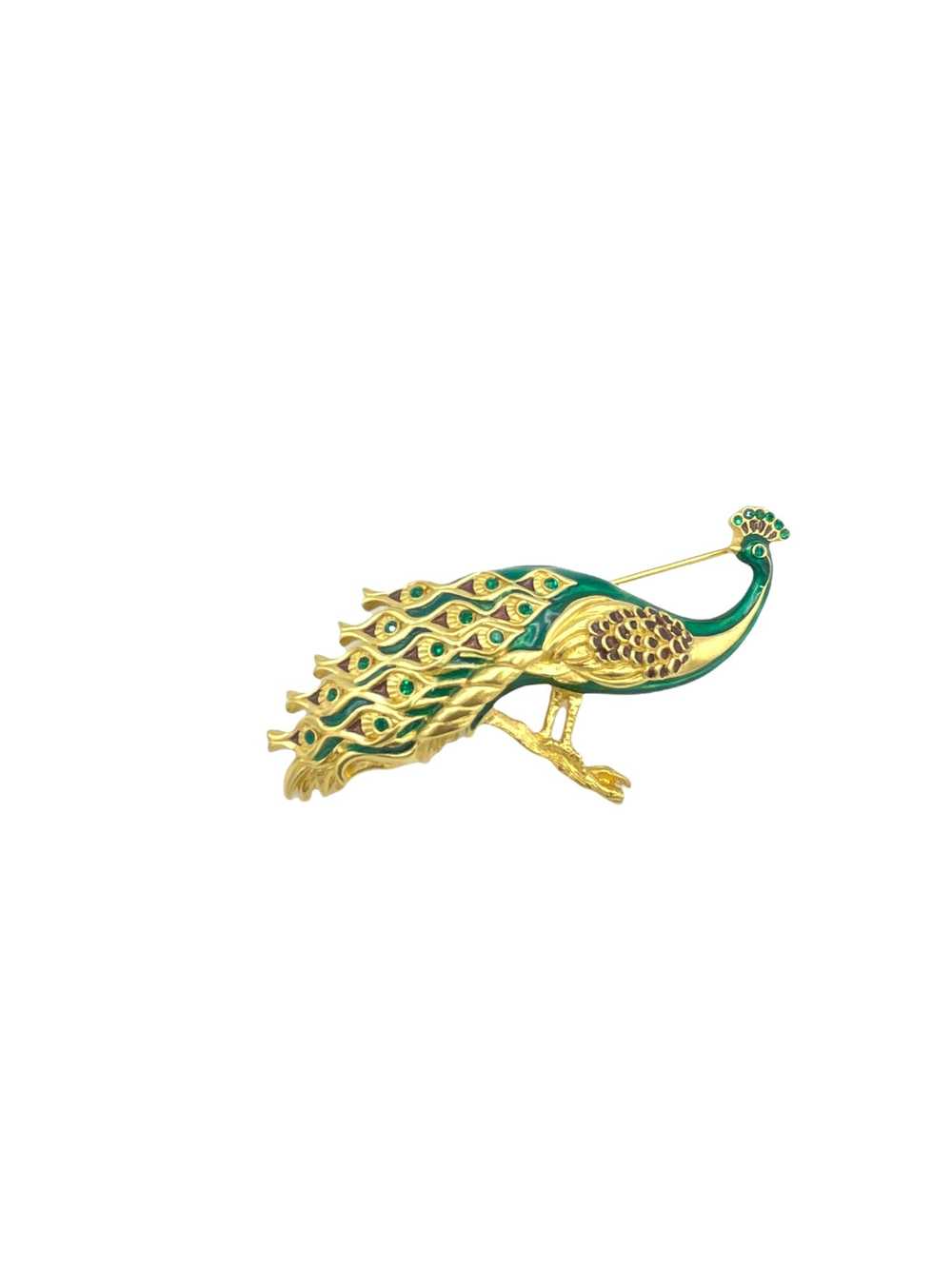 Bob Mackie Green Enamel Peacock Vintage Brooch - image 1