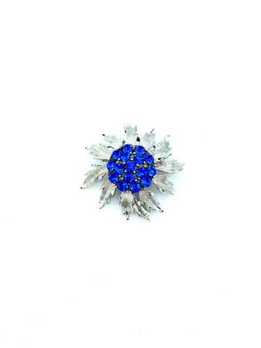 Bright Blue Rhinestone Flower Vintage Silver Brooc