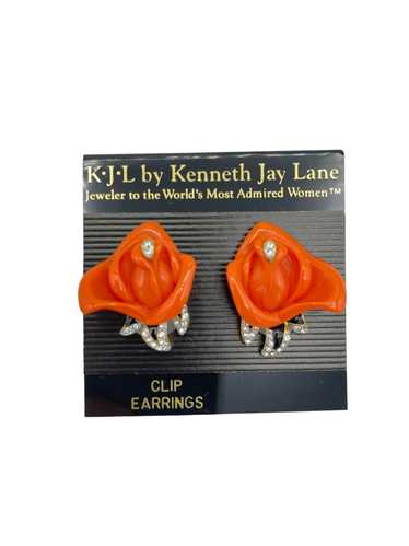 Kenneth Jay Lane Coral Rose & Rhinestone Clip-On … - image 1
