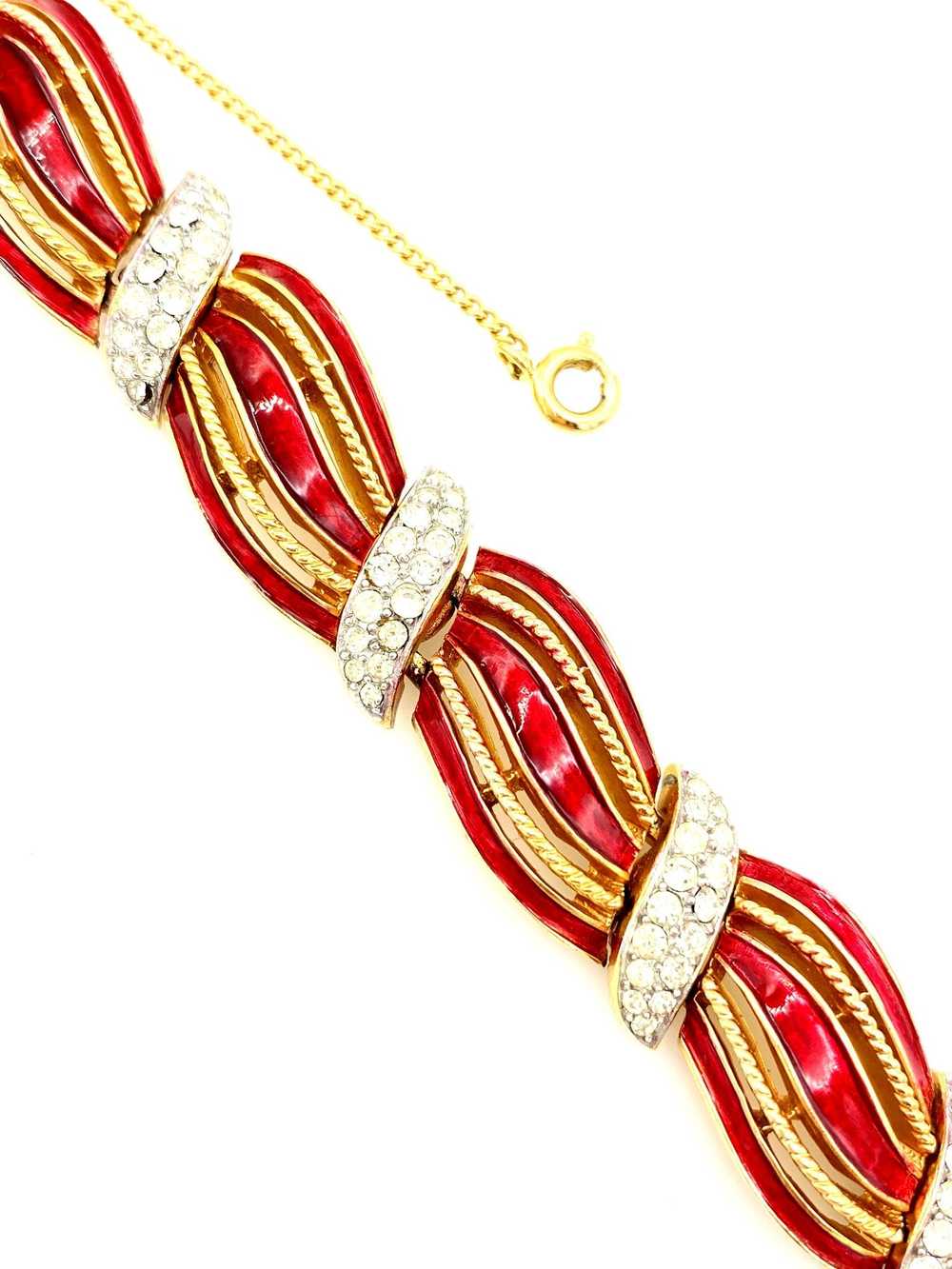 Gold Vintage Trifari Red Enamel Bow Rope Bracelet - image 3