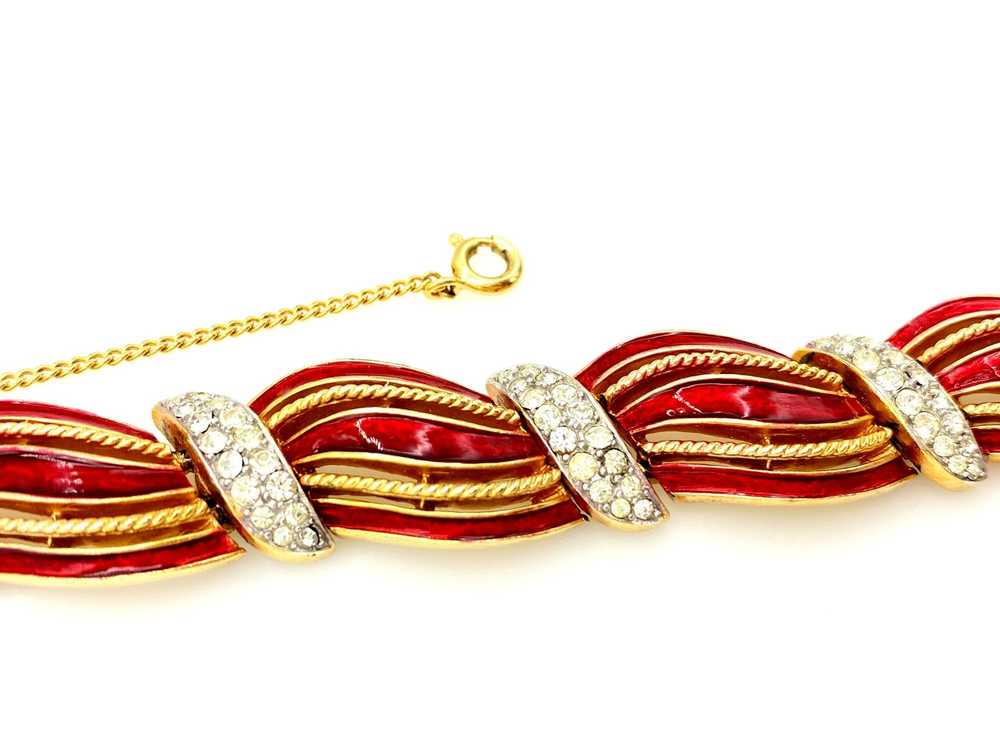 Gold Vintage Trifari Red Enamel Bow Rope Bracelet - image 4