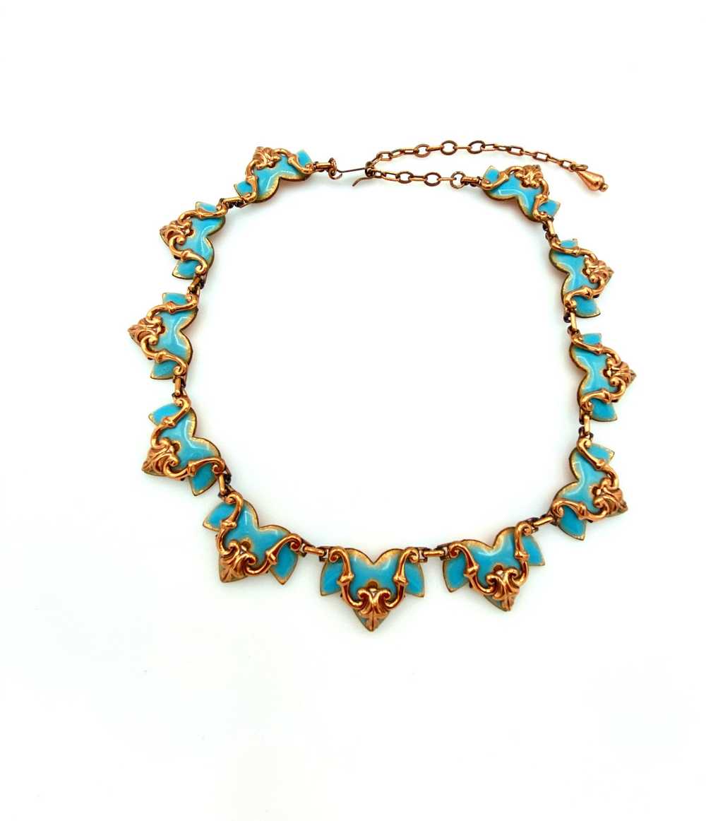 Vintage Scallop Matisse Copper Blue Enamel Neckla… - image 1