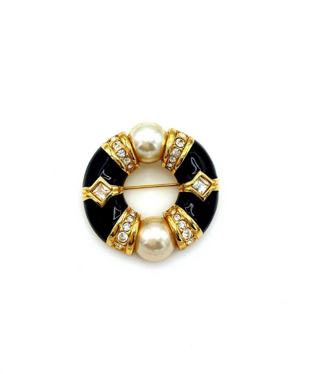 Swarovski Gold Rhinestone Pearl & Black Enamel Ci… - image 1