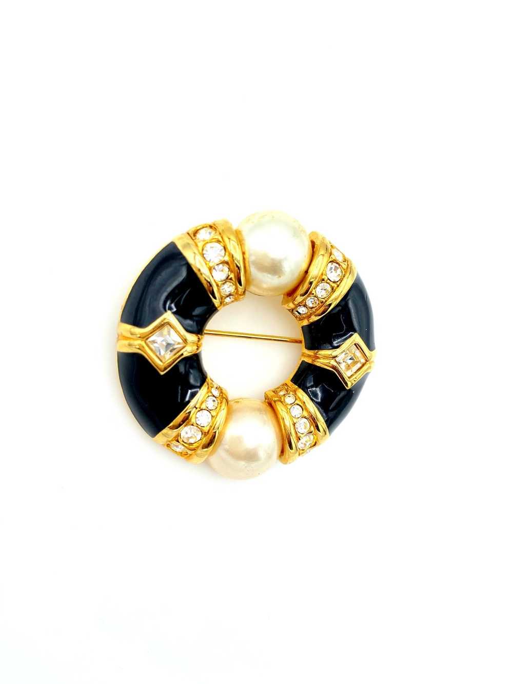 Swarovski Gold Rhinestone Pearl & Black Enamel Ci… - image 2