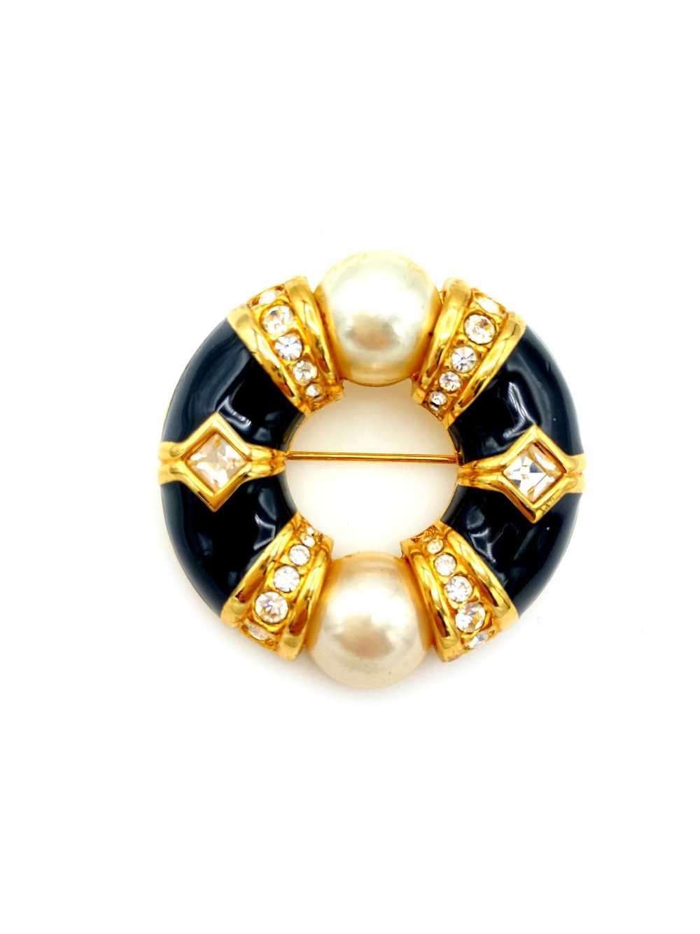 Swarovski Gold Rhinestone Pearl & Black Enamel Ci… - image 3