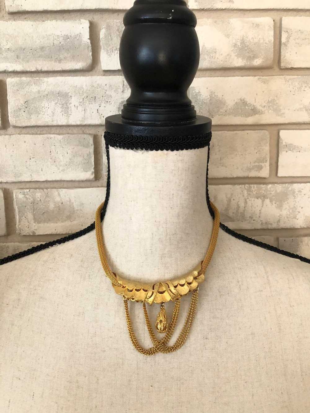 Vintage Gold Scallop Bib Egyptian Revival Pendant - image 2