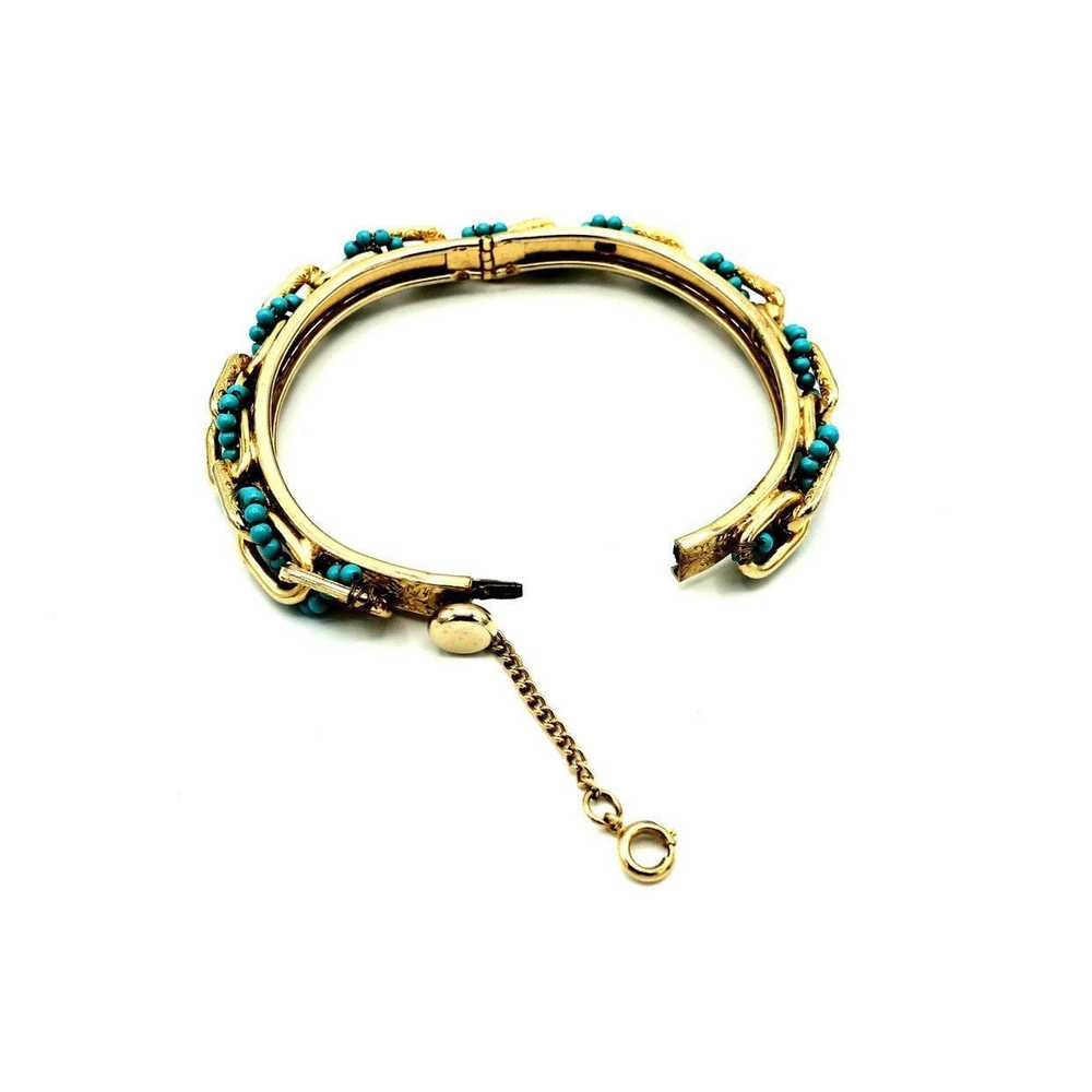 Vintage Gold Hinged Chain Turquoise Bead Bangle B… - image 2