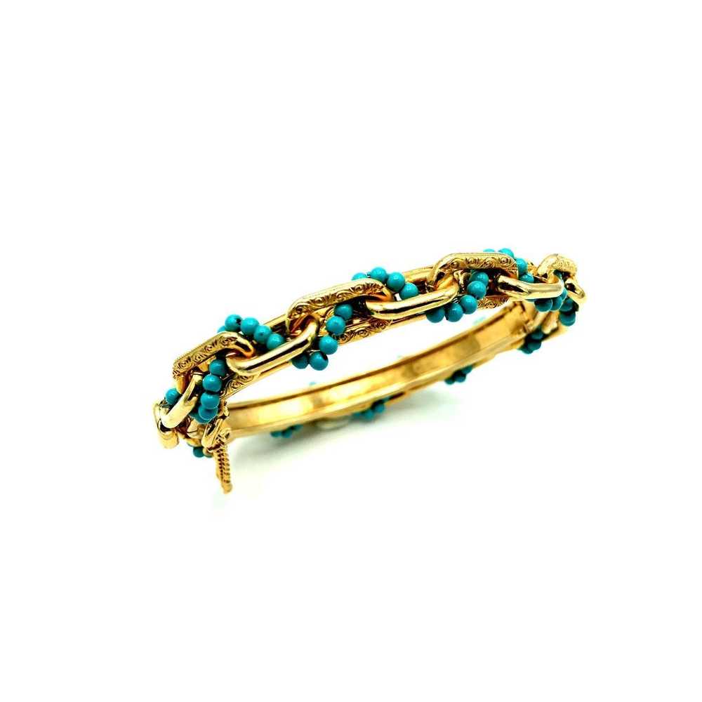 Vintage Gold Hinged Chain Turquoise Bead Bangle B… - image 3