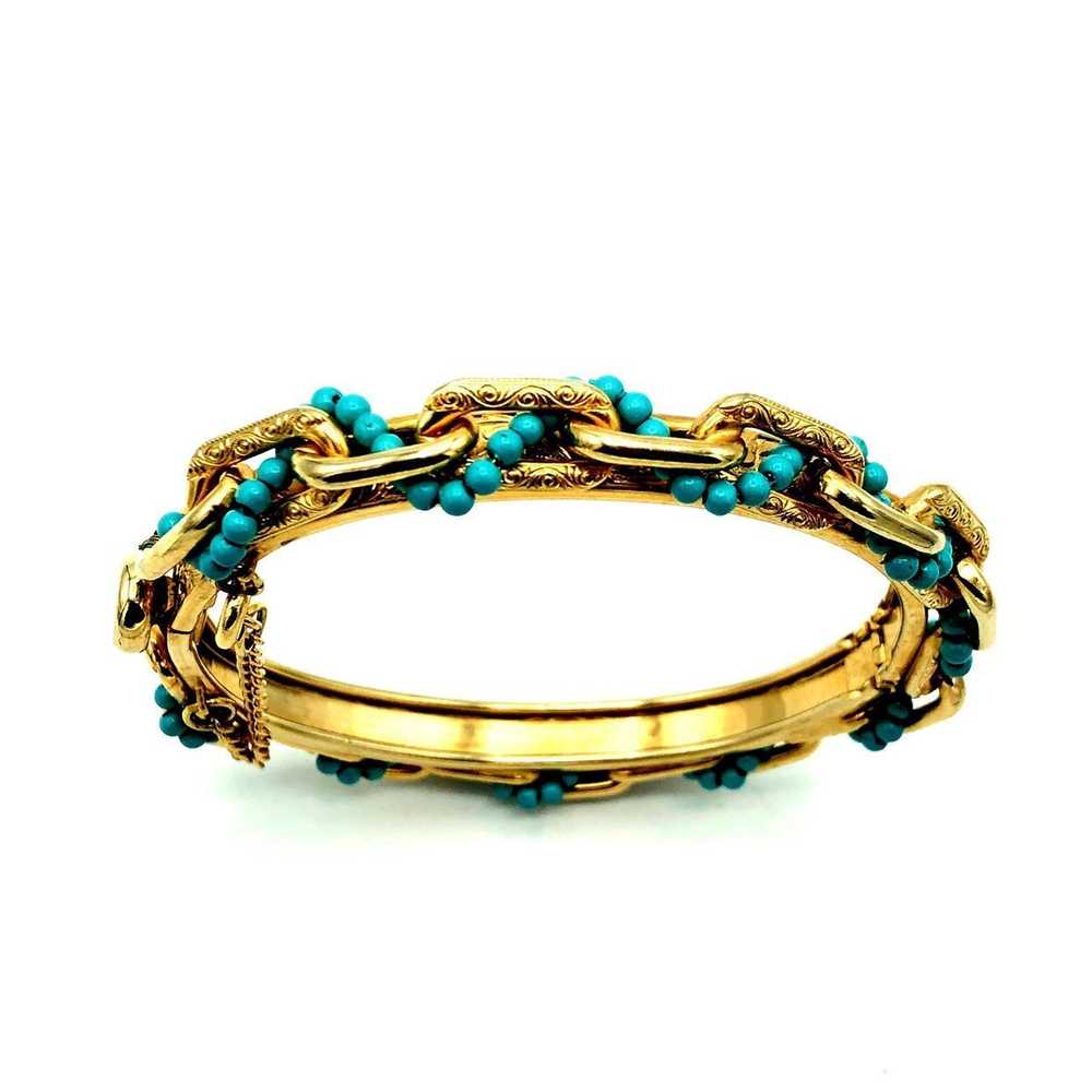 Vintage Gold Hinged Chain Turquoise Bead Bangle B… - image 4