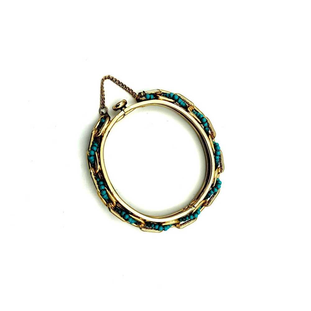 Vintage Gold Hinged Chain Turquoise Bead Bangle B… - image 5