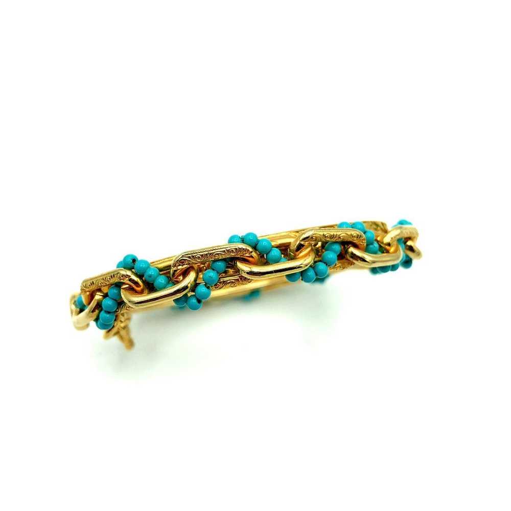 Vintage Gold Hinged Chain Turquoise Bead Bangle B… - image 6