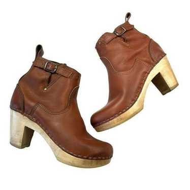 No.6 5" Cognac Leather Clog Buckle Mid Heel Boot, 