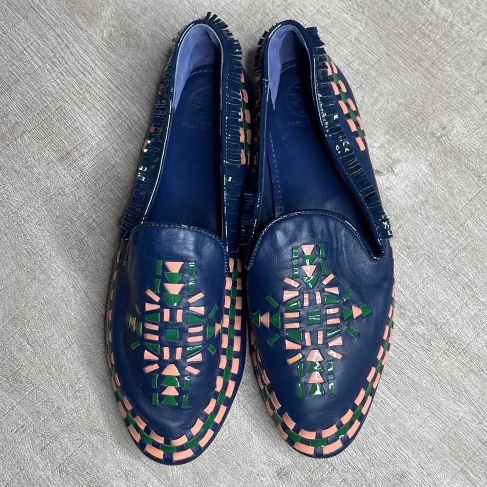 TORY BURCH Leather Fringe Floral Print Loafers Bl… - image 1