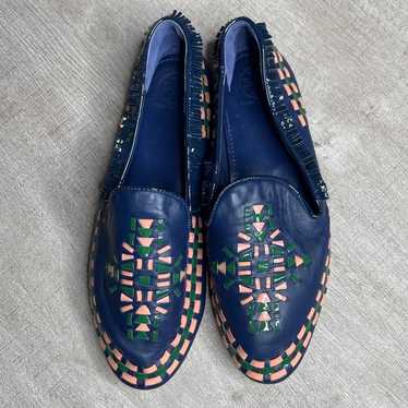 TORY BURCH Leather Fringe Floral Print Loafers Bl… - image 1