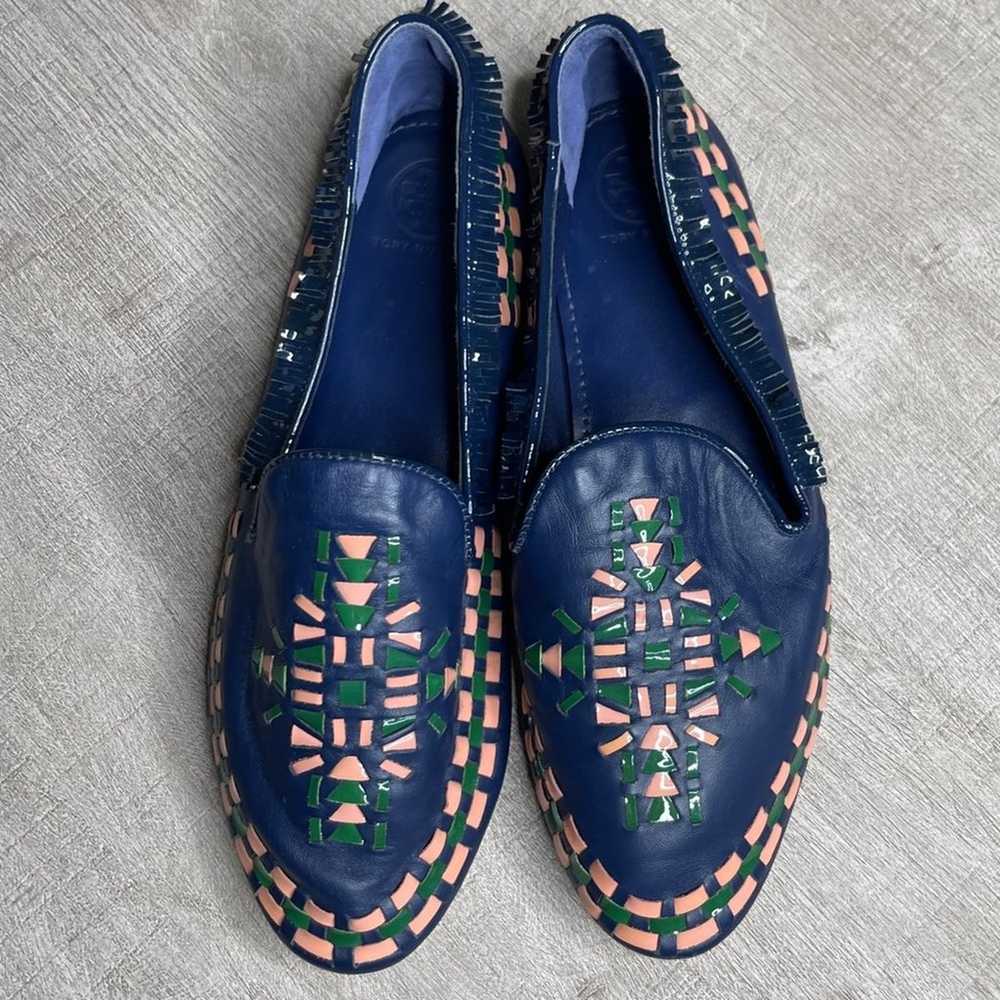 TORY BURCH Leather Fringe Floral Print Loafers Bl… - image 2
