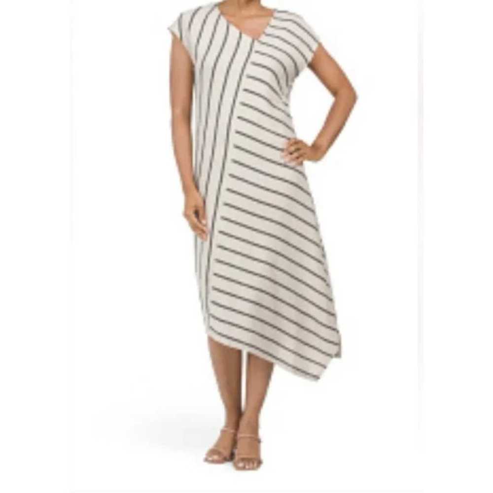 TAHARI Women's Midi Dress Linen Blend Stripes Asy… - image 1