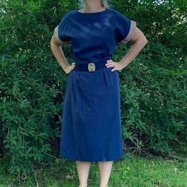 Vtg 70s Tanner navy blue & tan dress with belt
