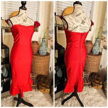 Sexy Red Strapless Frill Hem Bandage Midi Dress.