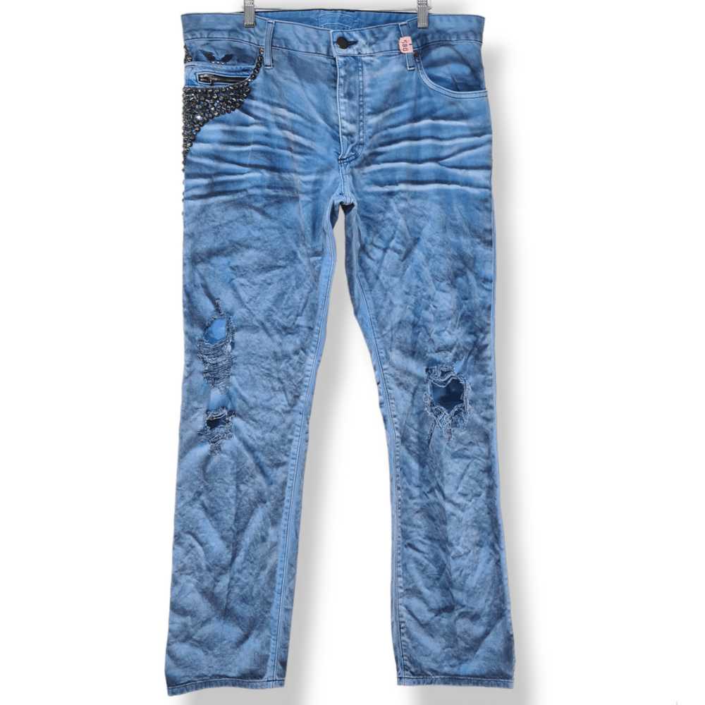 Robins Jeans Blue Distressed Acid Wash Studded Je… - image 1