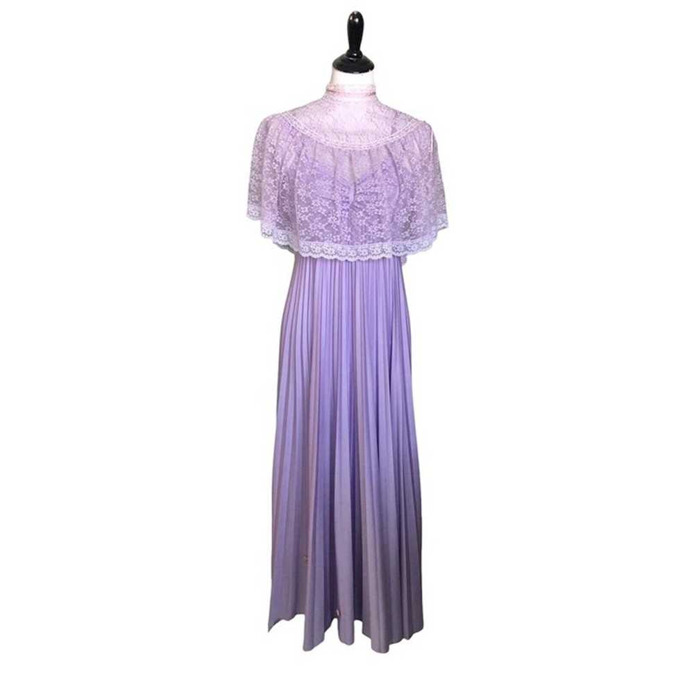 VTG ILGWU Purple Pleated Lace Collar Maxi Dress H… - image 1