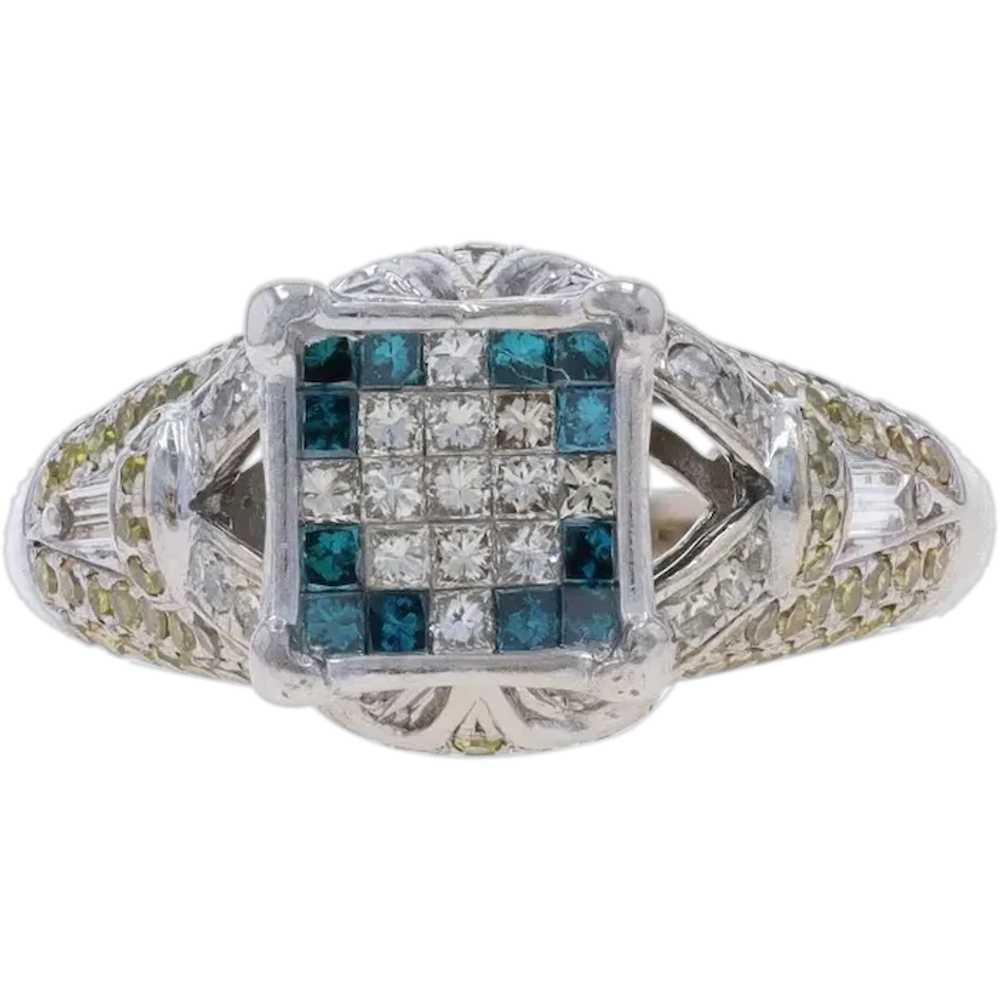 White Gold Blue Diamond Cluster Ring - 10k Prince… - image 1