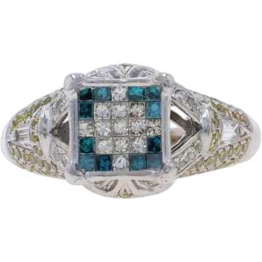 White Gold Blue Diamond Cluster Ring - 10k Prince… - image 1