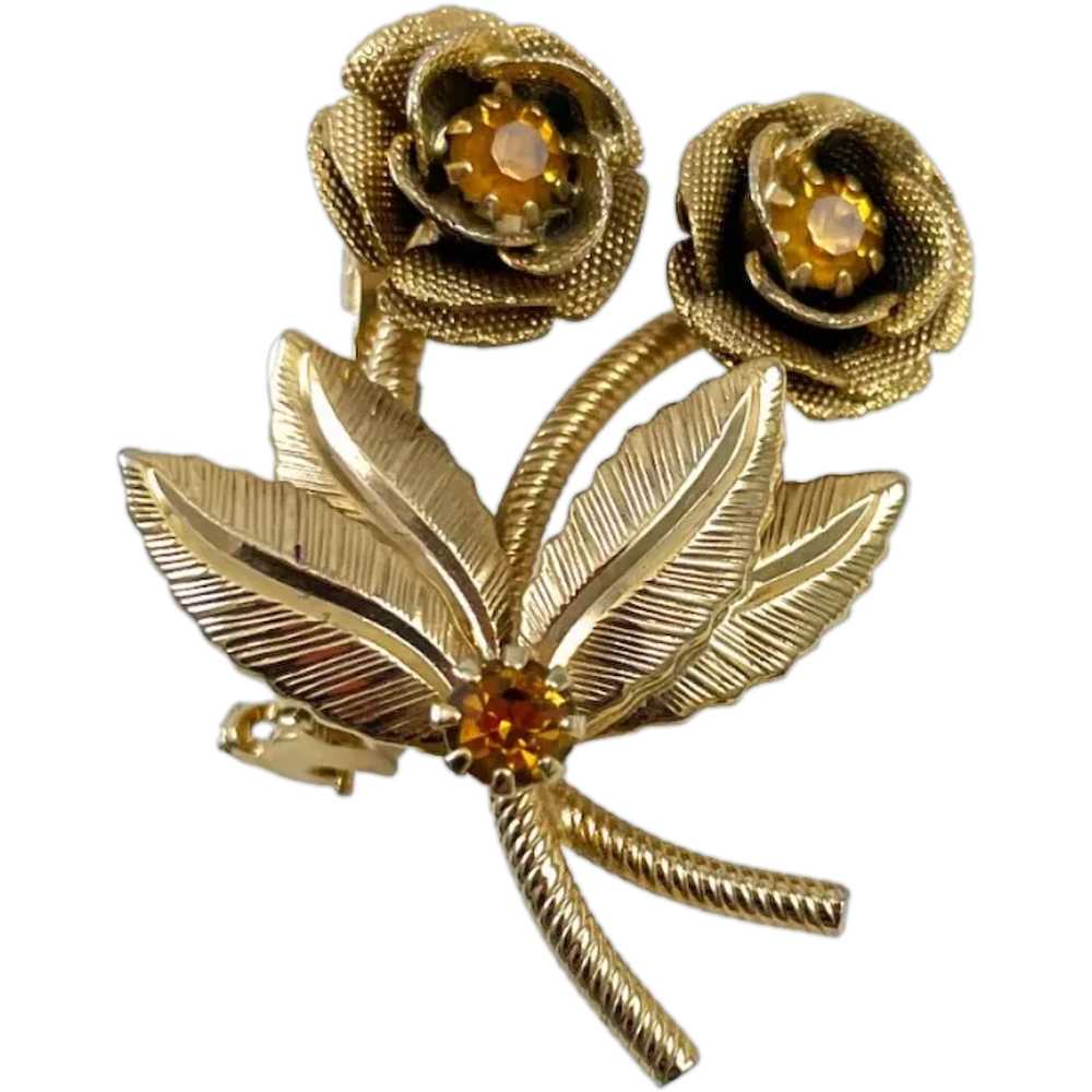Gold and Rhinestone Flower Brooch Vintage - image 1
