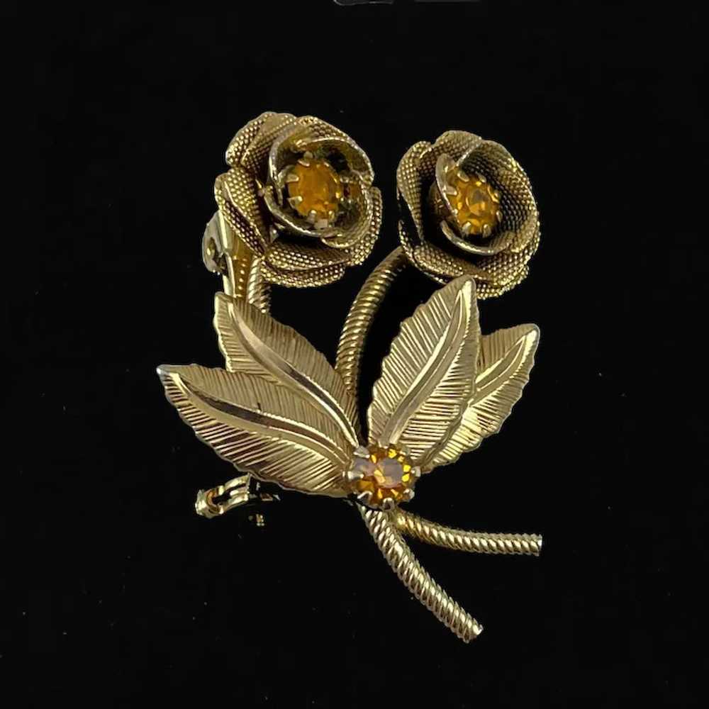 Gold and Rhinestone Flower Brooch Vintage - image 2