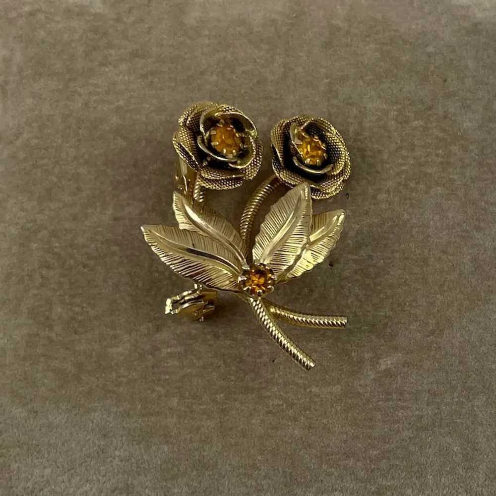 Gold and Rhinestone Flower Brooch Vintage - image 3