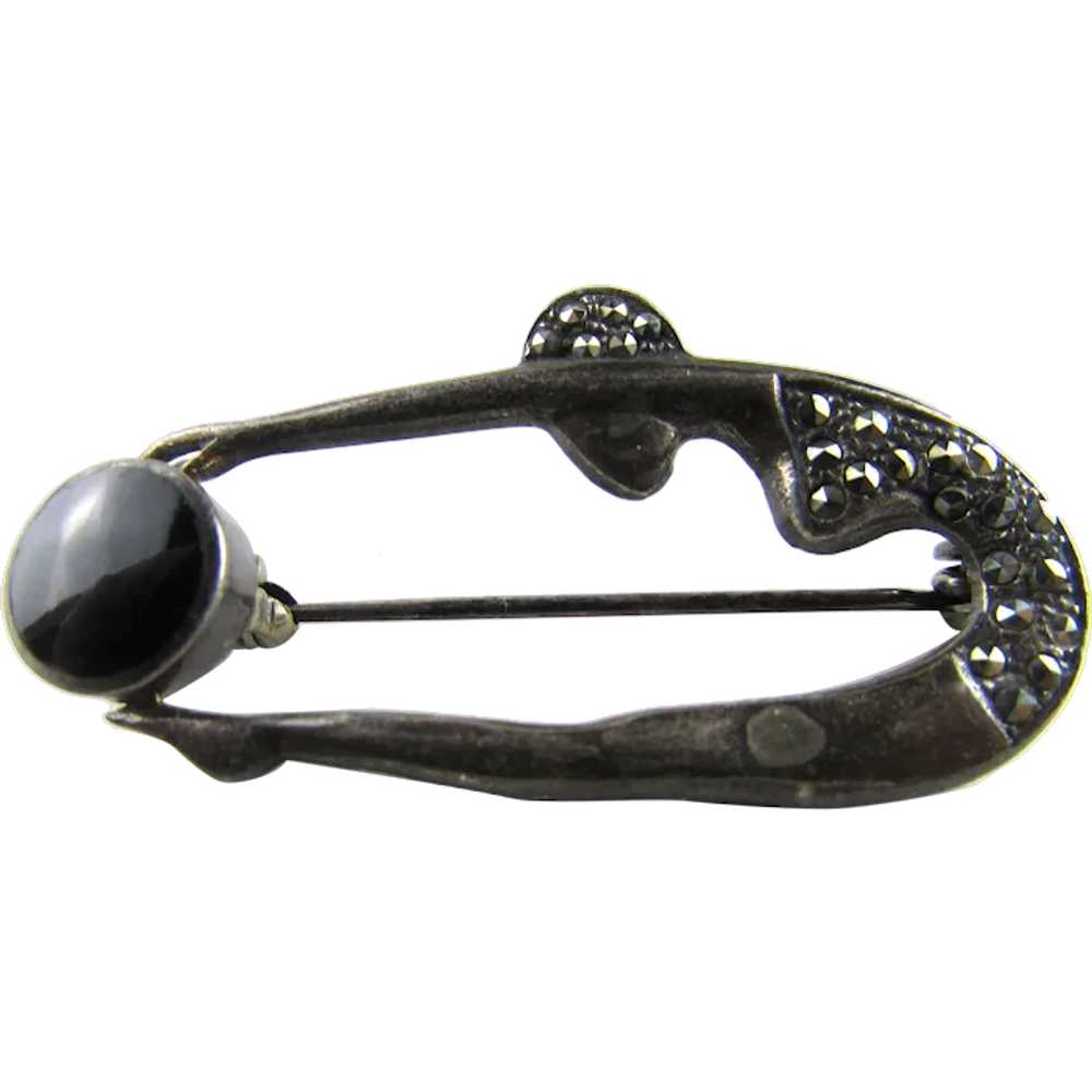 Sterling Silver Deco Diving Beauty With Black Ony… - image 1