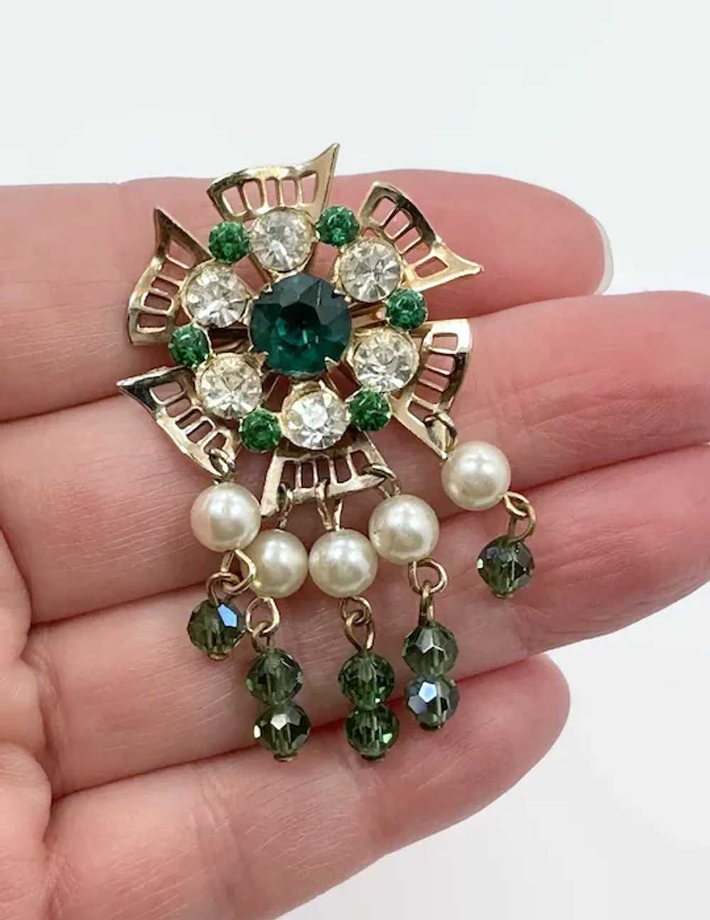 Rhinestone Brooch, Green Rhinestone, Clear, MCM, … - image 3