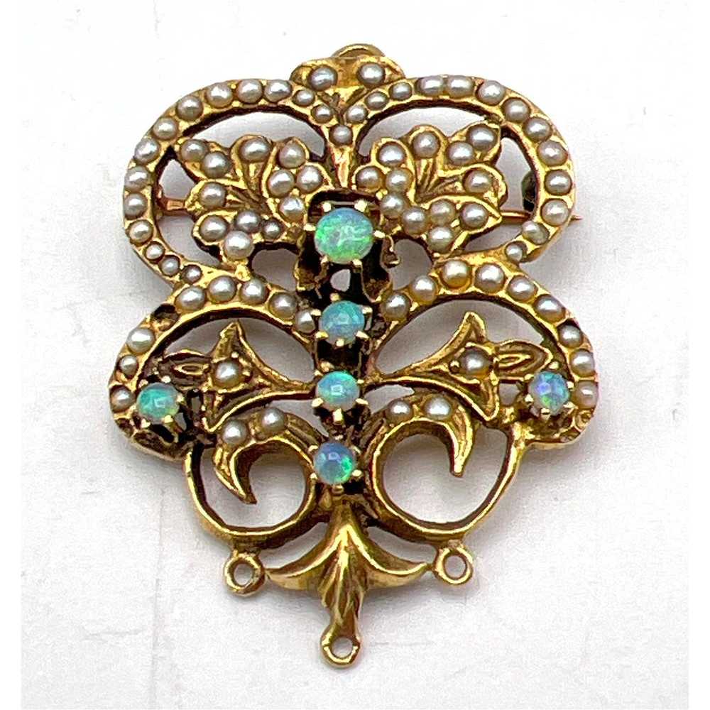 Exquisite Seed Pearl Opal 14K Gold Antique Brooch… - image 1