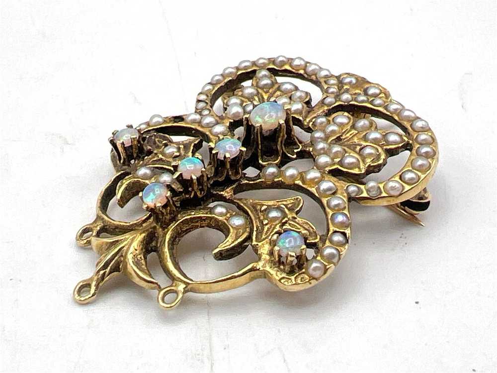 Exquisite Seed Pearl Opal 14K Gold Antique Brooch… - image 3