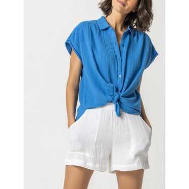 Lilla P Blue Boxy Button Up Shirt Slub Cotton Sz L