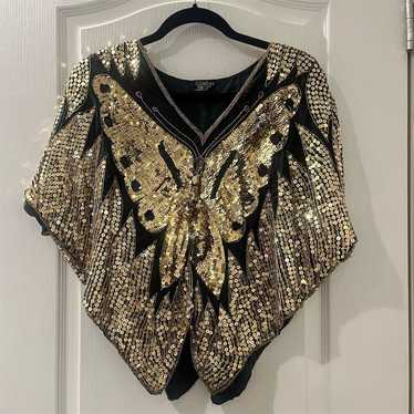 Linsiano Vintage Sequin Butterfly Cape Blouse Silk