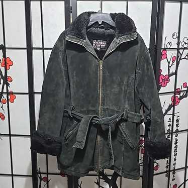 Wilsons Leather Dark Green Coat Black Fur Vintage